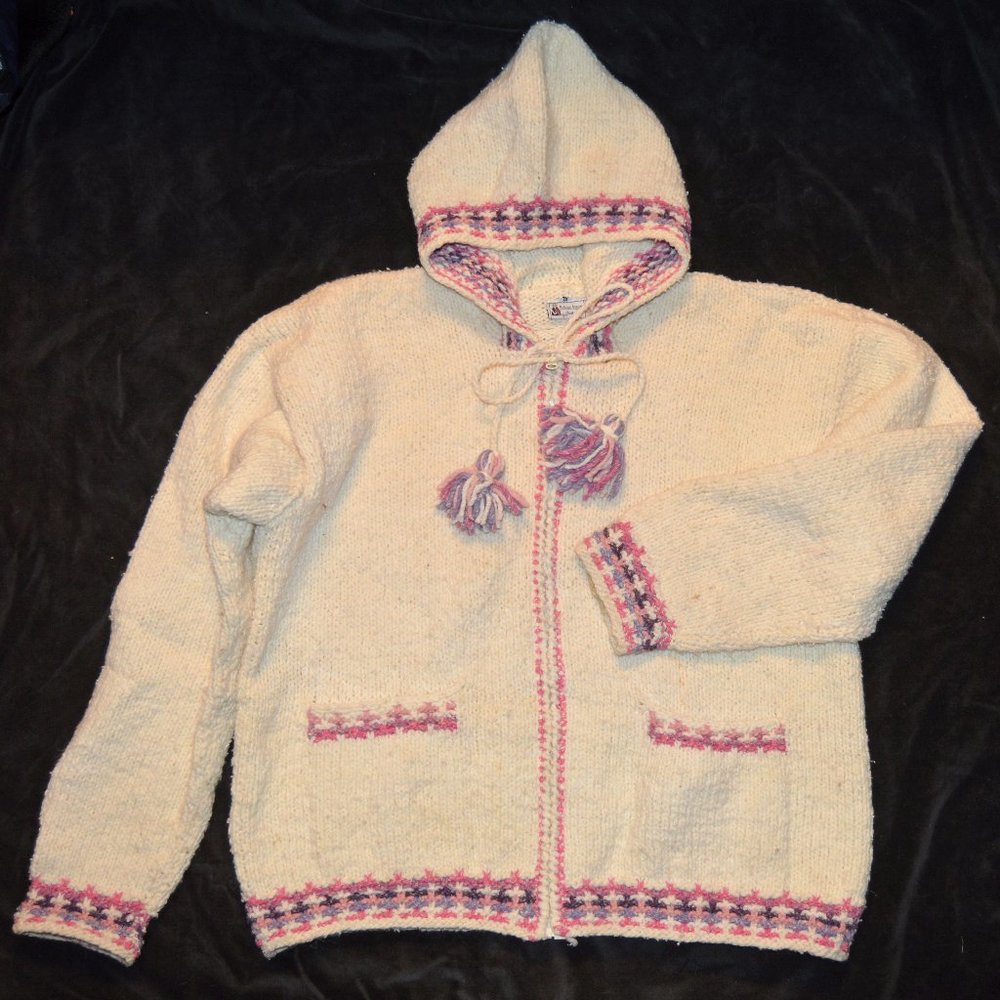 Bolivian Imports by Lucy Ivory Zip Hoodie Cardigan Pom Pom Heavy Warm Sweater XL